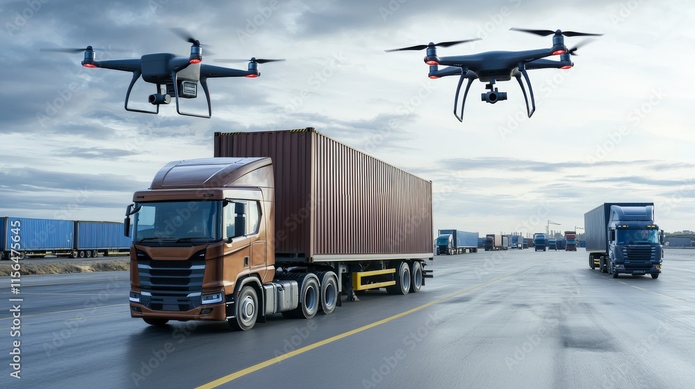 Poster autonomous trucks and drones enhancing logistics operations warehouse environment technology showcas