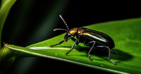 Naklejka premium A close-up of a shiny black beetle perched on a green leaf.