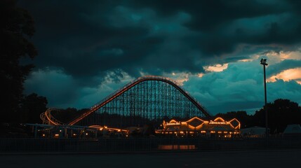 Obraz premium Illuminated Rollercoaster Underneath a Dramatic Sky