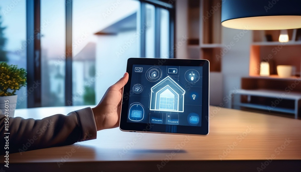 Poster a hand holds a tablet displaying a smart home interface in a room.