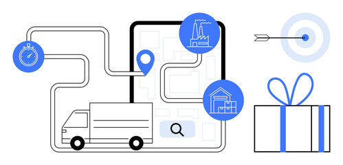 Delivery truck on route map with stopwatch, destination icons, target, and gift box. Ideal for logistics, supply chain, delivery tracking, shipping solutions, punctuality customer satisfaction