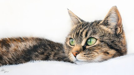 A Tabby Cat Rests Serene On White Surface