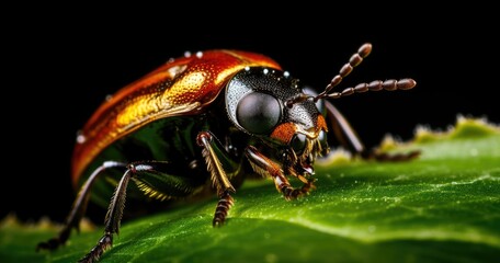 Fototapeta premium A close-up of a colorful beetle perched on a leaf against a dark background.