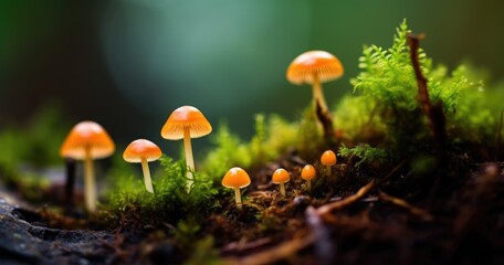 Fototapeta premium A cluster of small orange mushrooms growing on mossy ground in a serene forest setting.