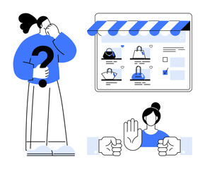 Shopper holding a question mark, pondering online store displaying products person with raised hand and fists below. Ideal for e-commerce, decision making, customer support, online security, user