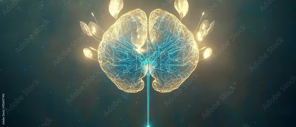 Poster futuristic 3d brain hologram neural network glowing circuitry wireframe