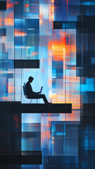 Abstract art representing the city with a man in silhouette alone sitting in a chair holding a laptop. Evokes a sense of loneliness in the digital world.