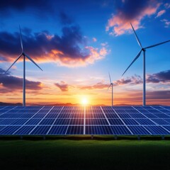 Renewable energy revolution solar panels and wind turbines in expansive landscape sunset view sustainable future