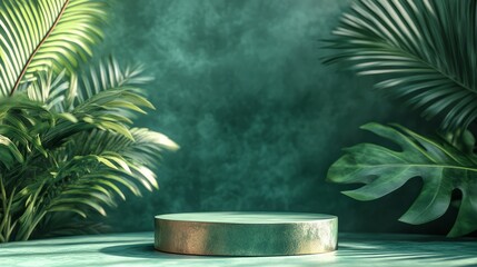 Cylindrical green podium with subtle metallic highlights on a matching green backdrop