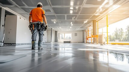 Obraz premium Construction Worker Carefully Inspecting Polished Concrete Floor in New Building - Wide Photo. AI Generated