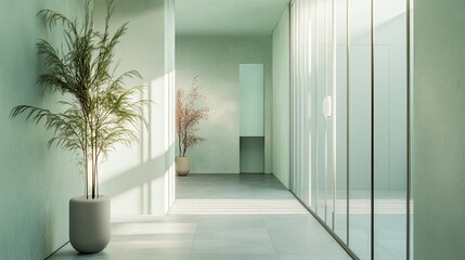 Minimalist Green Hallway With Plants And Sunlight