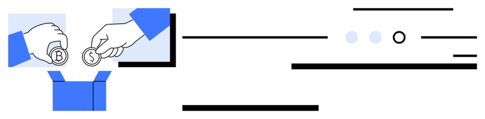 Business hands placing dollar and bitcoin coins into box. Ideal for digital currency, investment, savings, finance, crowdfunding, donations, and fintech presentations. Line metaphor