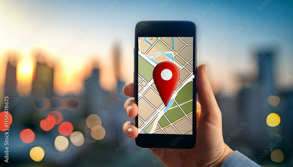 Aufkleber hand holds a smartphone with a map and a red location pin.