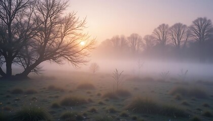Obraz premium Misty sunrise landscape with bare trees and soft light