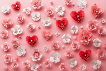 Romantic Red Hearts Background on Pastel Pink Table Flat Lay for Valentines Day and Anniversary Design