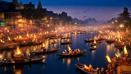 Diwali celebrations on the Ganges in Varanasi, India: lit diyas on water, crowds on banks, stunning sunset