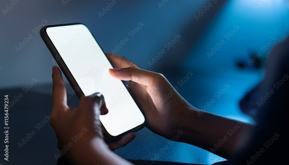 Poster hands are touching a smartphone, with the screen illuminated in a dark setting.