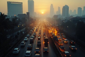 Air pollution in crowded city full of fog and smoke