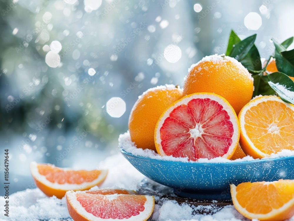 Poster a vibrant display of oranges and grapefruits dusted with snow, creating a striking contrast against 