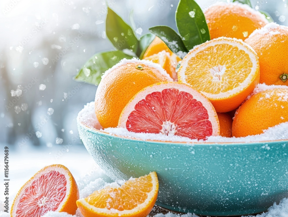Poster a vibrant bowl of fresh oranges and grapefruit dusted with snow, creating a striking contrast betwee
