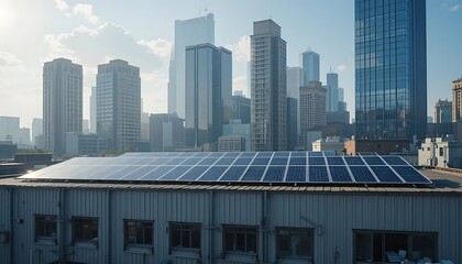 Rooftop Solar Panels Against City Skyline