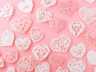 Romantic Red Hearts Background on Pastel Pink Table Flat Lay for Valentines Day and Anniversary Design