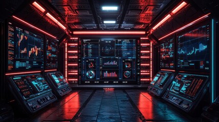 Obraz premium Futuristic control room interior with digital displays and red lighting. Concept of technology, innovation, and data analysis.