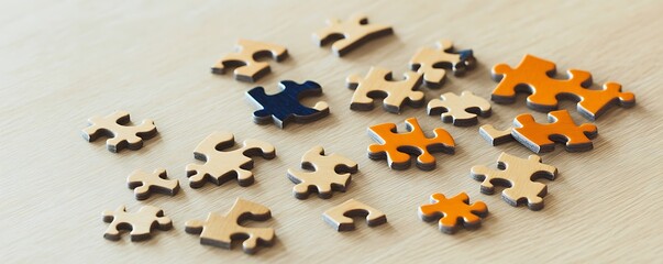 Wooden toy puzzle pieces scattered on a light wooden table