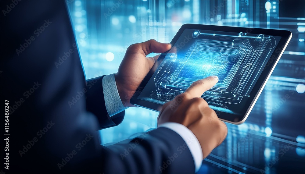 Poster hands touch a tablet with a digital pixelated background on its screen.