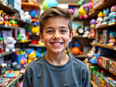Happy Boy Smiling in Toy Store Child Among Toys Kids Shopping
