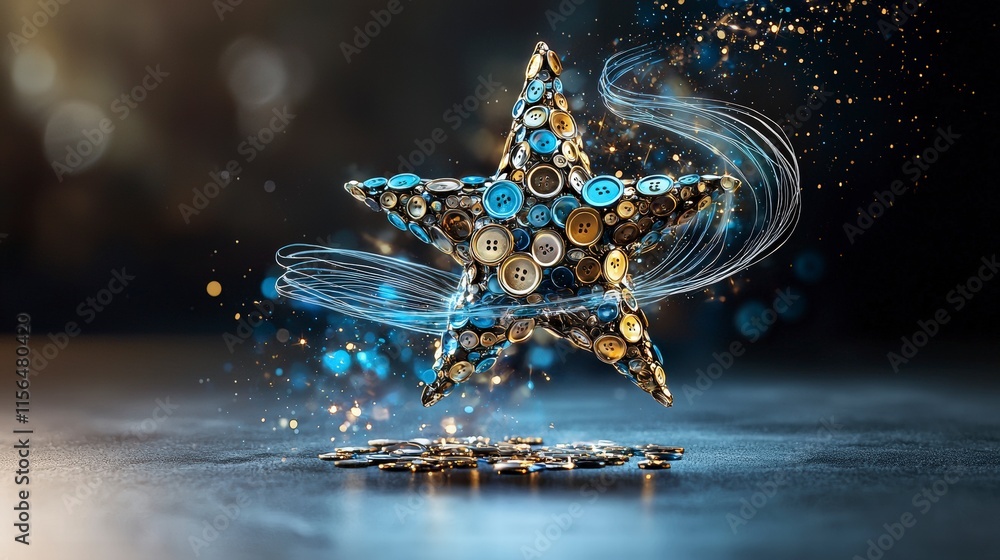 Poster Falling star figure crafted from shiny metal buttons art studio 3d artwork creative space close-up unique design