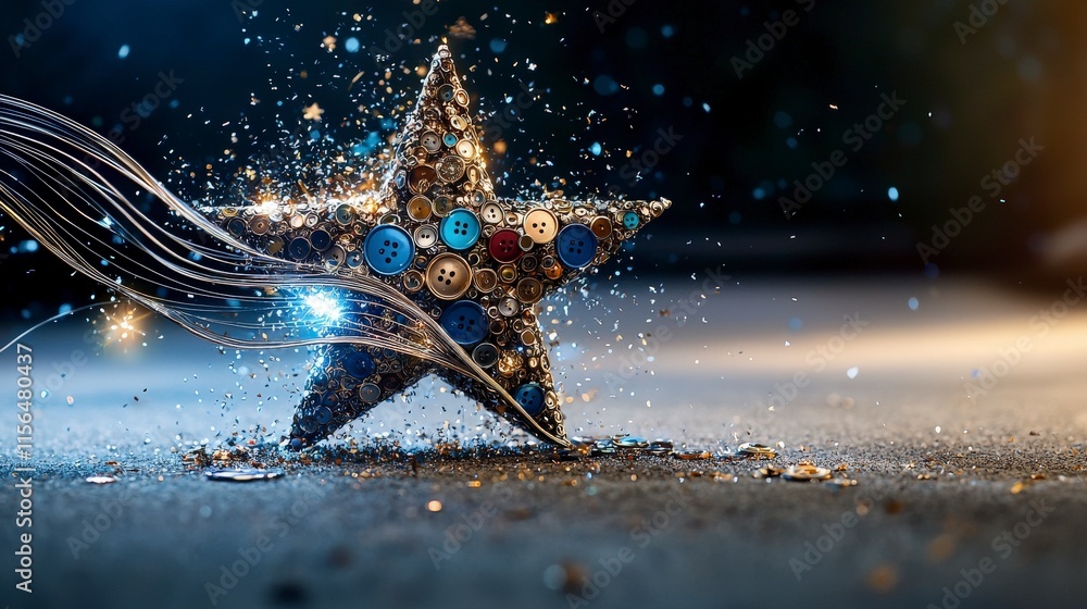 Poster creative studio photography close-up of a unique falling star crafted from shiny metal buttons