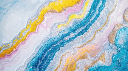 Abstract Fluid Art Painting Blue Pink Yellow Gold