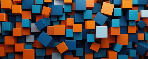 A vibrant arrangement of 3D cubes in blue, orange, and white creates a dynamic abstract background.