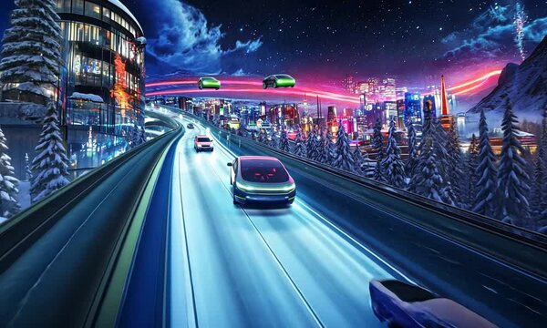 Futuristic cityscape with glowing cars and hovering vehicles under a starry night sky.
