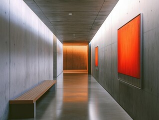 Long Hallway with Bench and Paintings