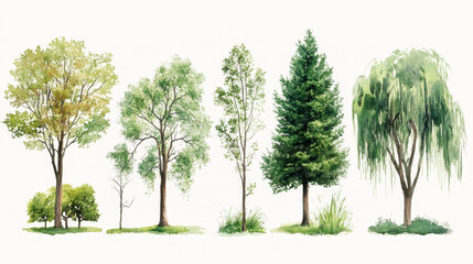 Obraz premium beautiful collection of tree sketches in watercolor