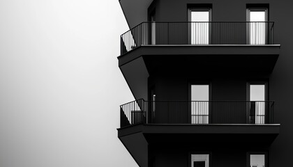 A minimalist black and white building with angular balconies and large windows, contrasting with a plain, light background.