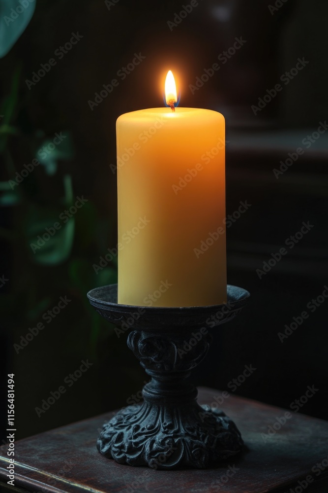 Poster Lit candle on wooden table