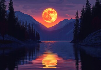 Full moon over a lake, with a forest and mountains in the background,an illustration painting, with red sunlight and a purple sky.
