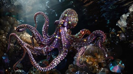 Obraz premium A vibrant octopus adorned with sparkling gems amidst an underwater scene.