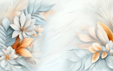 Elegant Pastel Floral Background Blue Beige Flowers Leaves Marble Texture