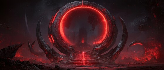 Fiery Portal Dark Fantasy Hellish Landscape Glowing Ring Red Inferno Eerie Apocalyptic Mysterious