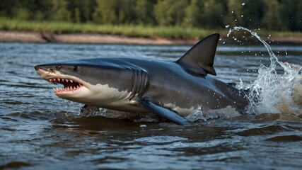 Fototapeta premium Chasing Prey: Northern River Shark in a Fierce Hunt Through Shallow Waters
