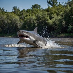 Naklejka premium In Pursuit: Northern River Shark Engaged in a Fierce Hunt in Shallow Waters