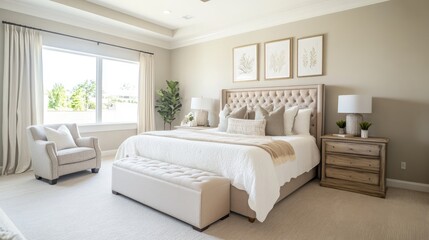 Fototapeta premium Serene Master Bedroom with Beige and White Decor