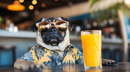 Obraz premium Cool Pug in Hawaiian Shirt Enjoying Orange Juice at a Cafe - Photo Close-up. AI Generated