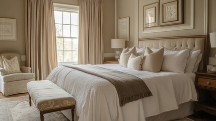 Serene Bedroom Interior Design: Luxurious Bedding and Tranquil Ambiance