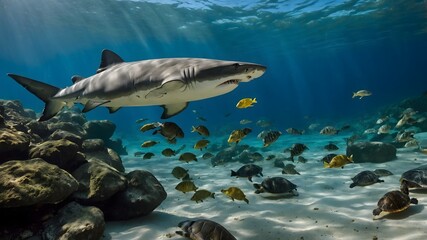 Obraz premium Northern River Shark and River Turtles: Coexisting in a Peaceful Freshwater Ecosystem