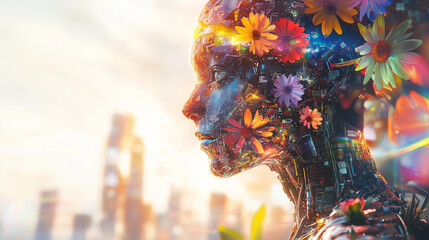 Fototapeta premium Cyborg with Floral Design in Sunset